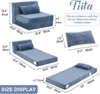 Tiita Convertible Folding Kids Sofa Bed with Pillow & Storage Bag, Plush Fabric Floor Mattress Couch Bed, Washable Cover, Kids Room, Playroom, Dorm, Apartment, Blue Grey