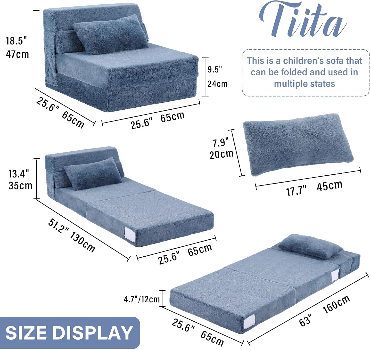 Tiita Convertible Folding Kids Sofa Bed with Pillow & Storage Bag, Plush Fabric Floor Mattress Couch Bed, Washable Cover, Kids Room, Playroom, Dorm, Apartment, Blue Grey