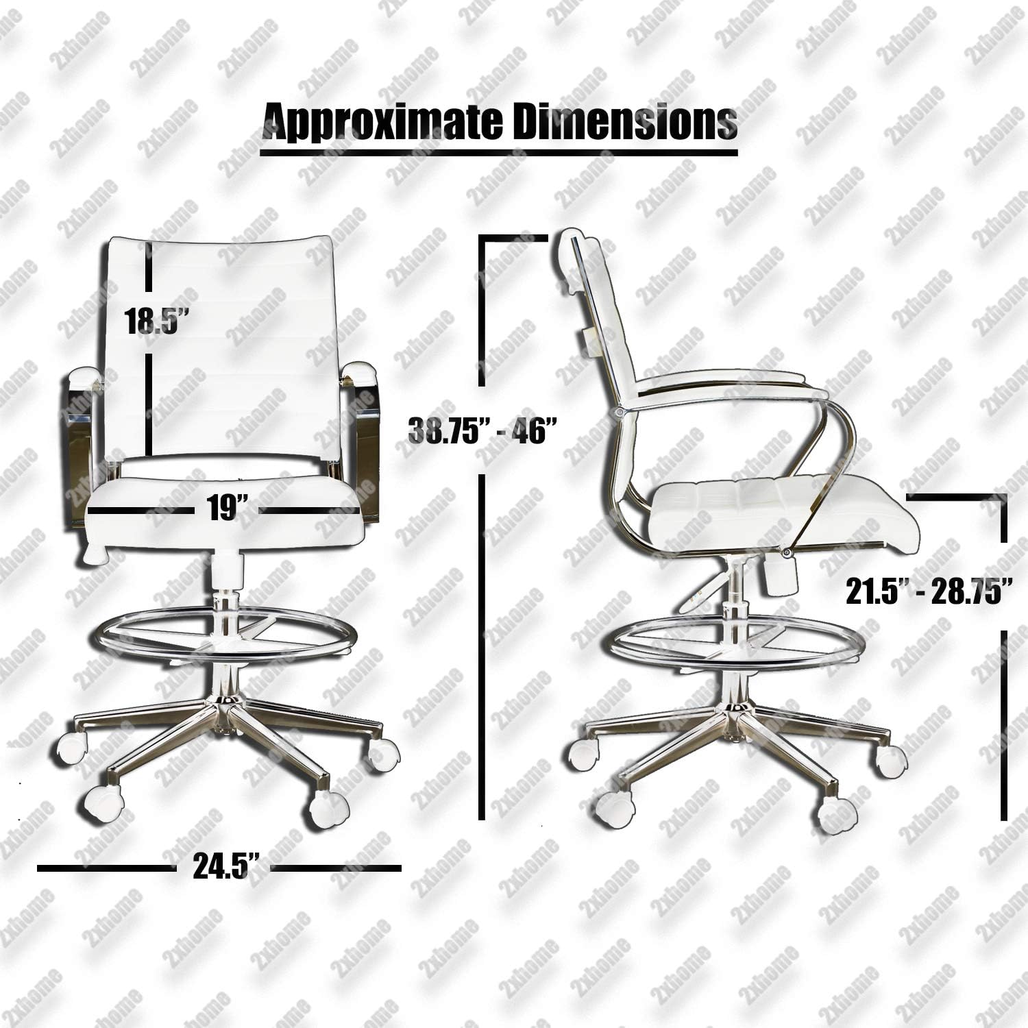 2xhome Modern Drafting Chair | Upholstered PU Leather Ribbed Mid Back with Tall Adjustable Base & Leg Rest | Padded Cushion Seat, Tilt Lock, Swivel | Computer Armchair (1, Brown, Drafting)