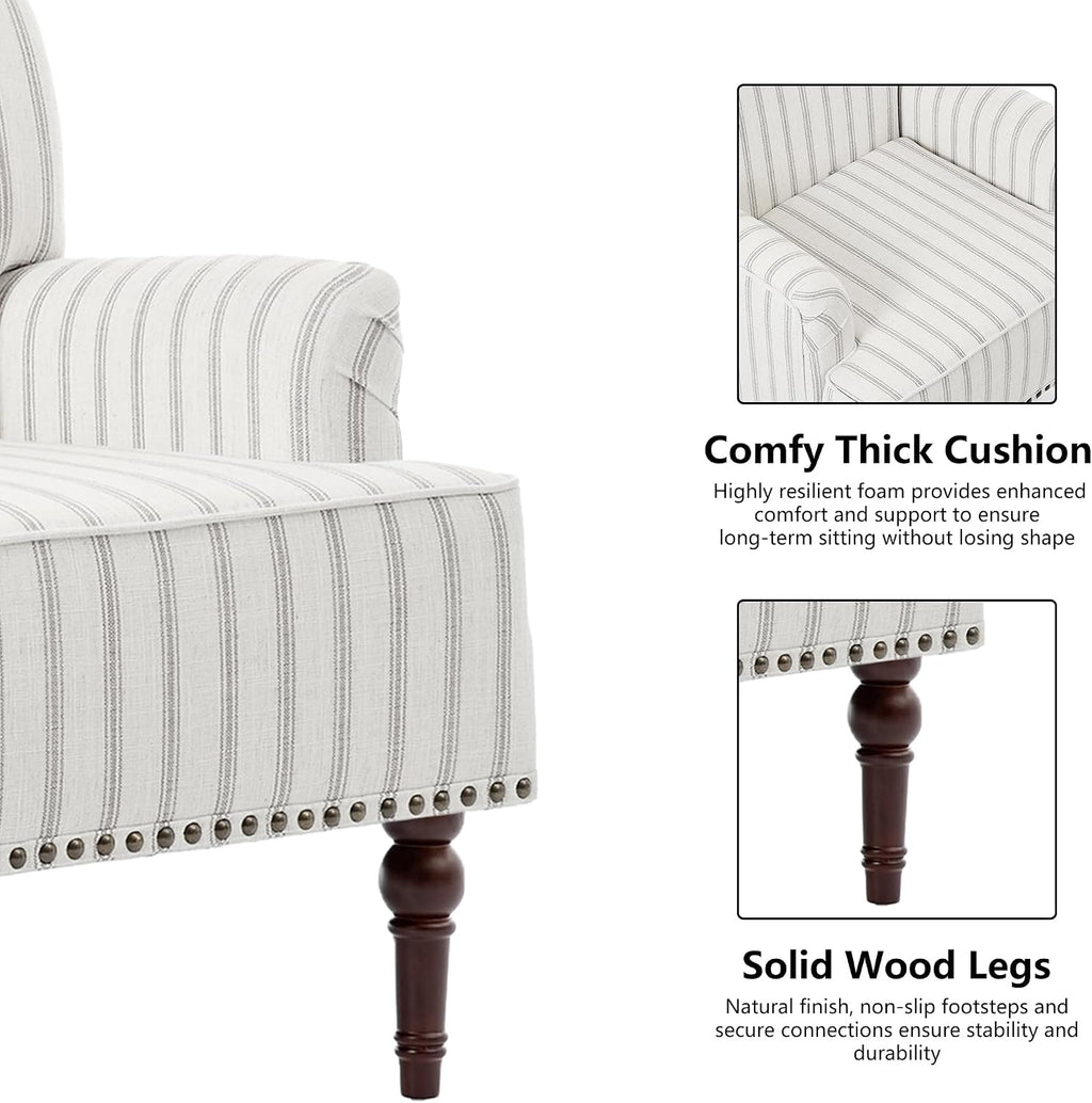 Mid-Century Modern Accent Chair, Pinstripe Grey, Set of 2 | Comfy Reading Armchair with Wood Legs for Living Room, Linen Fabric Single Sofa Lounge for Bedroom Apartment Waiting Room