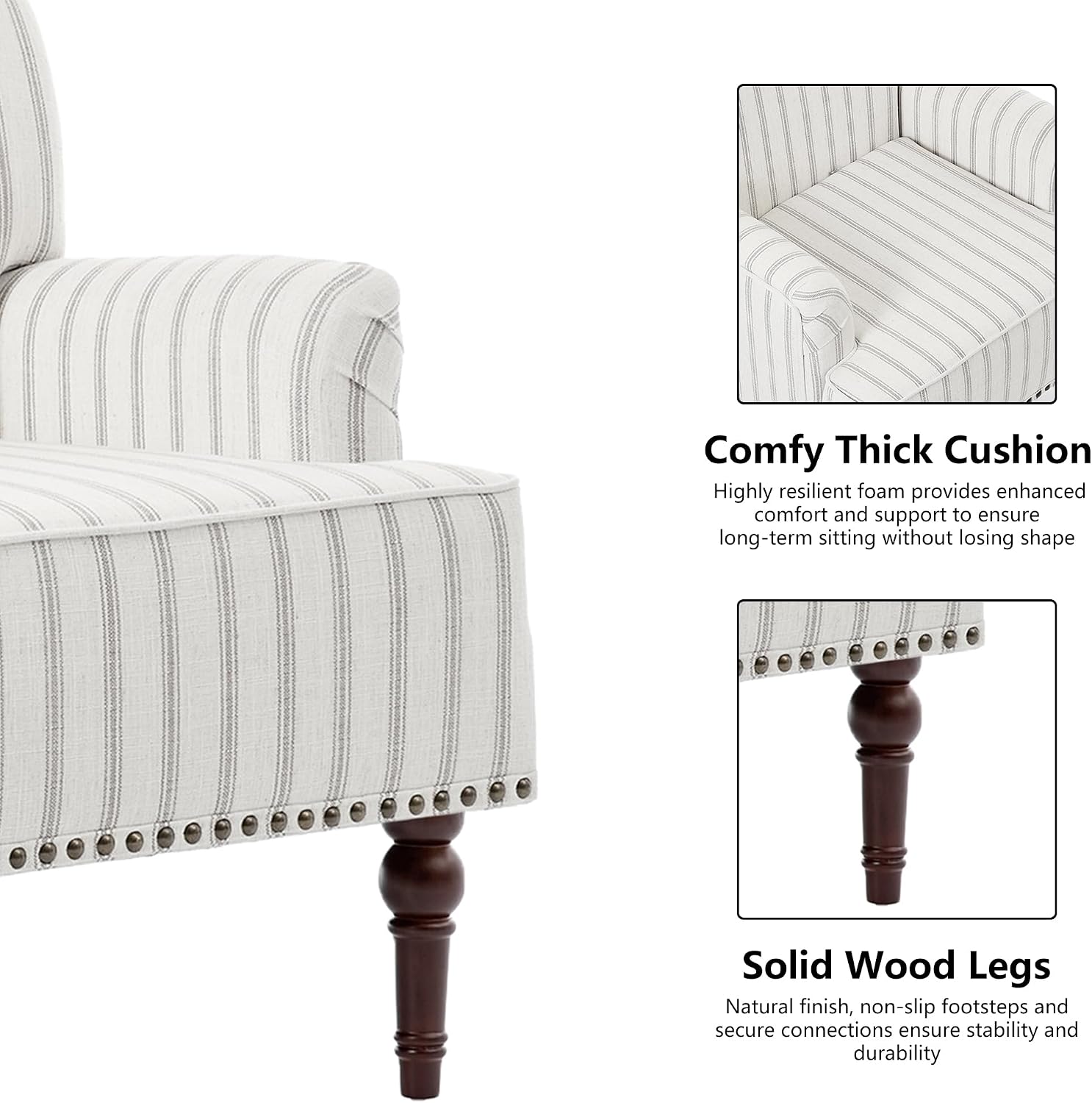 Mid-Century Modern Accent Chair, Pinstripe Grey, Set of 2 | Comfy Reading Armchair with Wood Legs for Living Room, Linen Fabric Single Sofa Lounge for Bedroom Apartment Waiting Room