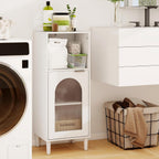 Tangkula Bathroom Floor Cabinet, Wood Side Storage Organizer with Adjustable Shelf, Tempered Glass Door, Anti-Tipping Kit & Solid Wood Legs, Narrow Cabinet for Living Room (White, 14” x 12” x 35.5”)