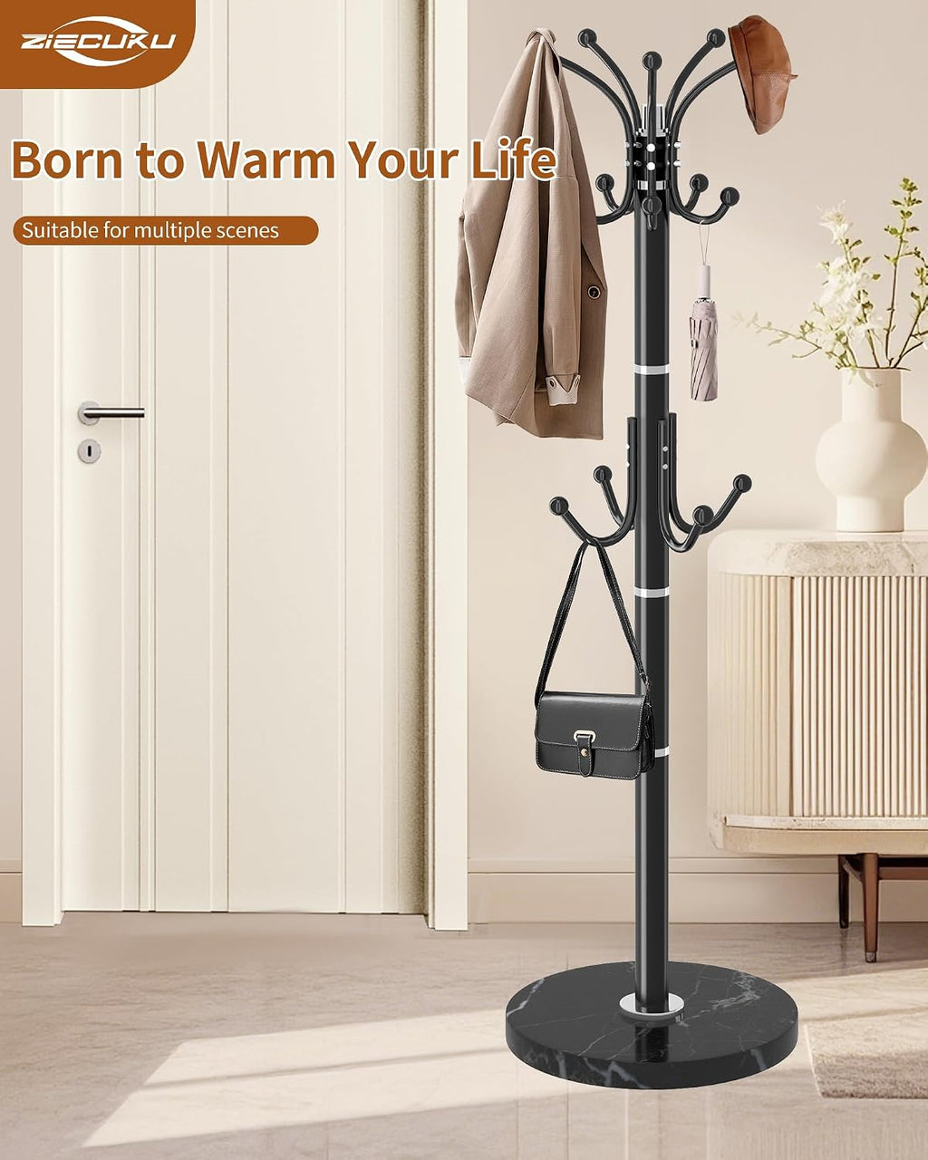 Metal Coat Rack with Natural Marble Base,360°Rotary Coat Rack Stand with 14 Hooks,Modern Freestanging Coat Racks, Black Coat Jacket Hanger Clothes Tree Stand for Entryway,Corner