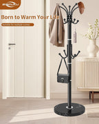 Metal Coat Rack with Natural Marble Base,360°Rotary Coat Rack Stand with 14 Hooks,Modern Freestanging Coat Racks, Black Coat Jacket Hanger Clothes Tree Stand for Entryway,Corner
