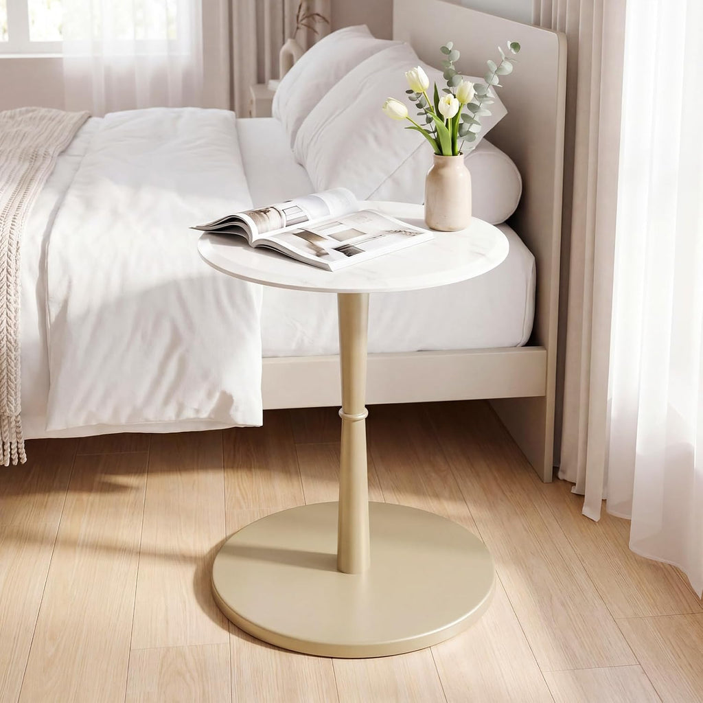 Giantex Round Marble Side Table, Modern Sofa Couch End Table w/Stone Finish & Wooden Pedestal, Coffee Drink Tables, Accent Bedside Night Stand for Bedroom Living Room Small Spaces (White & Gold,1)