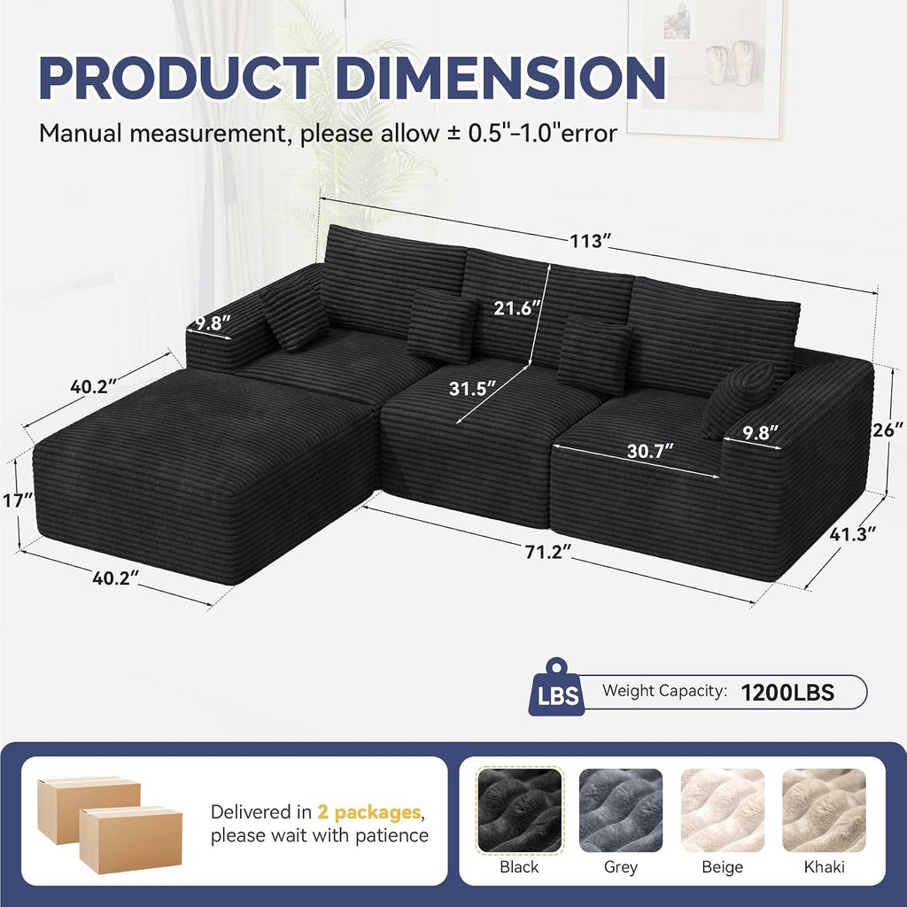 113" L-Shaped Boneless Couch, Modern Modular Sectional Sofa with Deep Seat, Convertible Corduroy Cloud Couches for Living Room,Black,1 PCS