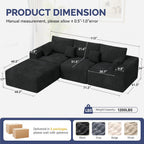 113" L-Shaped Boneless Couch, Modern Modular Sectional Sofa with Deep Seat, Convertible Corduroy Cloud Couches for Living Room,Black,1 PCS