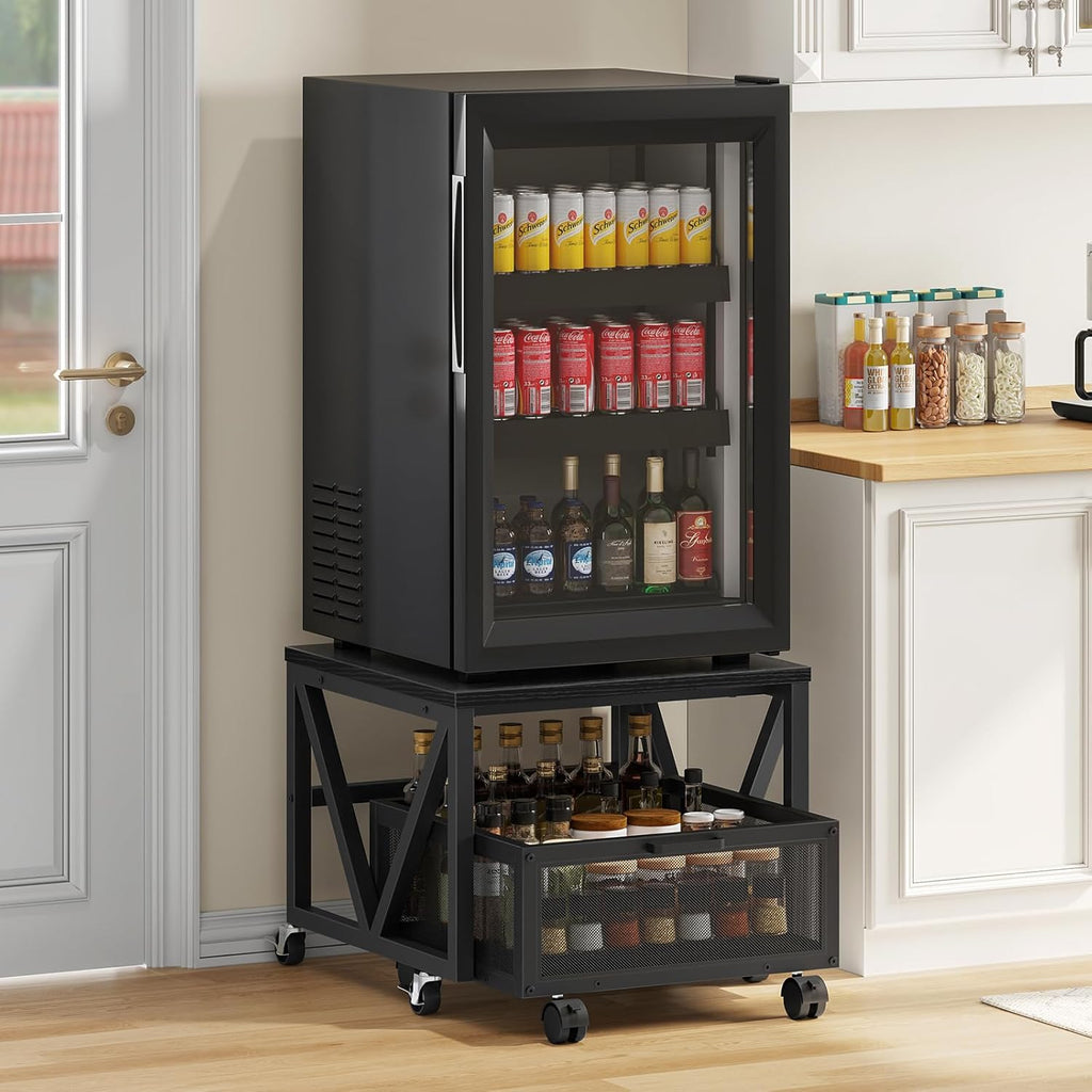 HOOBRO Mini Fridge Stand with Movable Storage Basket, Mini Fridge Cabinet with Wheels, Sturdy Metal Frame, for Home, Office, Dorm, Black BB255TL01