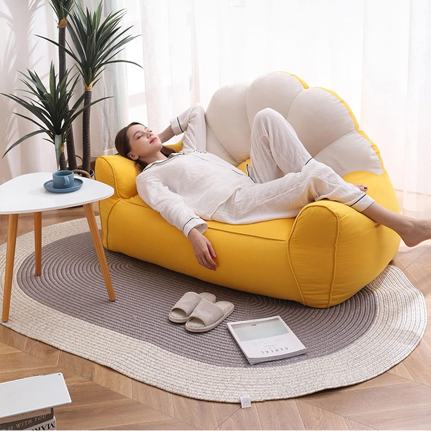 HWOEK Lazy Sofa Bean Bag Chair w/Footstool Lounger Seat - No Filler, Soft Beanbag Cover, Stuffed Animal Storage or Memory Foam Lounger Seat, Beige Yellow Stitching