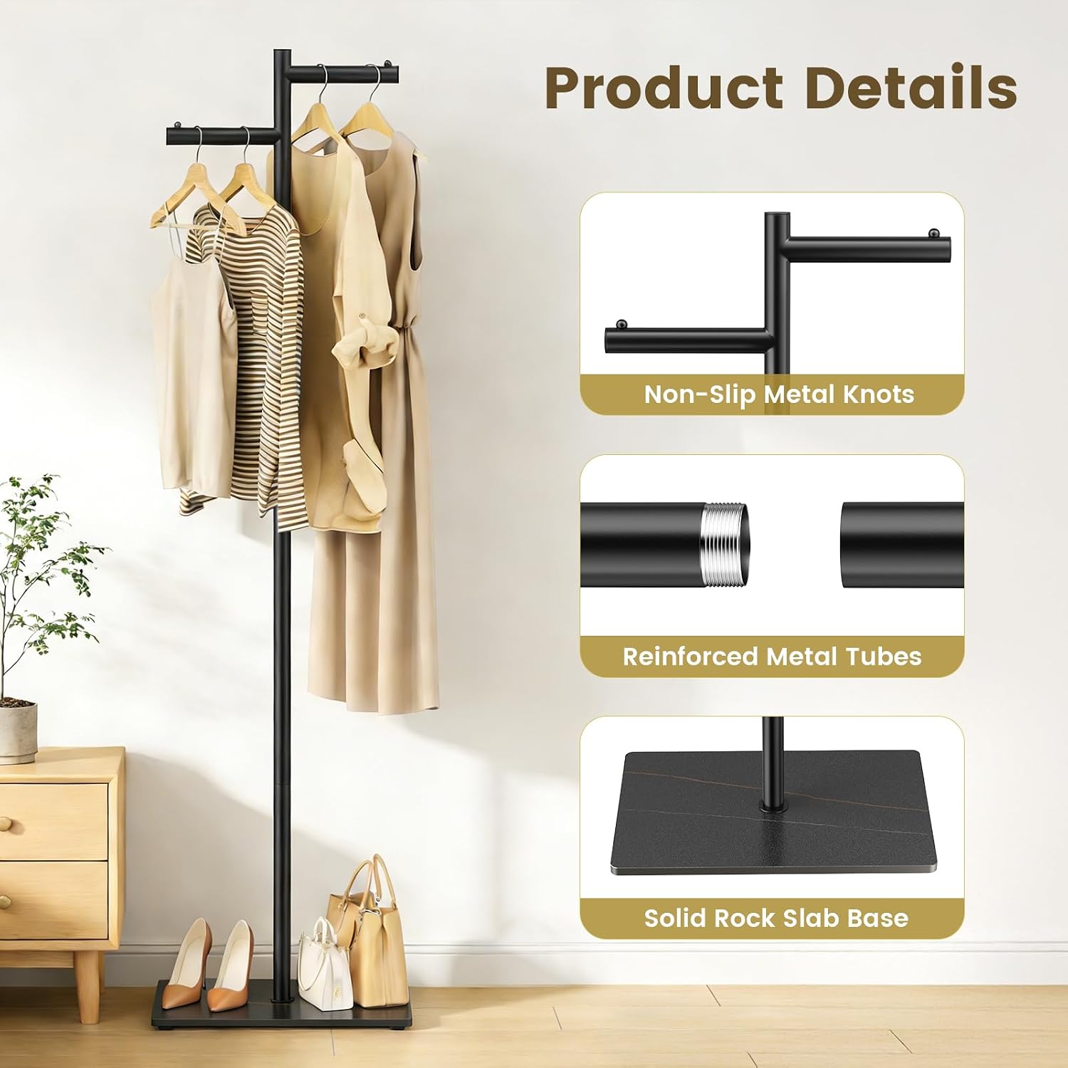 Metal Freestanding Coat Rack, 68.9"H Z-Shaped Coat Tree with Natural Rock Base, Modern Clothes Hanger Stand for Coats, Hats, Bags & Scarves, Ideal for Entryway, Bedroom, Office & Living Room