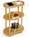 Side Table, Nightstand with Charging Station — Bamboo Narrow End Table with 3-Tier Oval Design & Storage Shelf for Bedroom, Living Room, Small Spaces, Portable, Natural (16"×8"×26")
