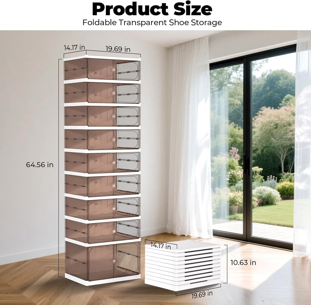 FAHKNS 9 Tier 18 Pairs Foldable Shoe Rack with Wheels, Portable Plastic Shoe Storage Cabinet with Clear Magnetic Doors Space Saving No Assembly for Entryway, Living Room, Closet