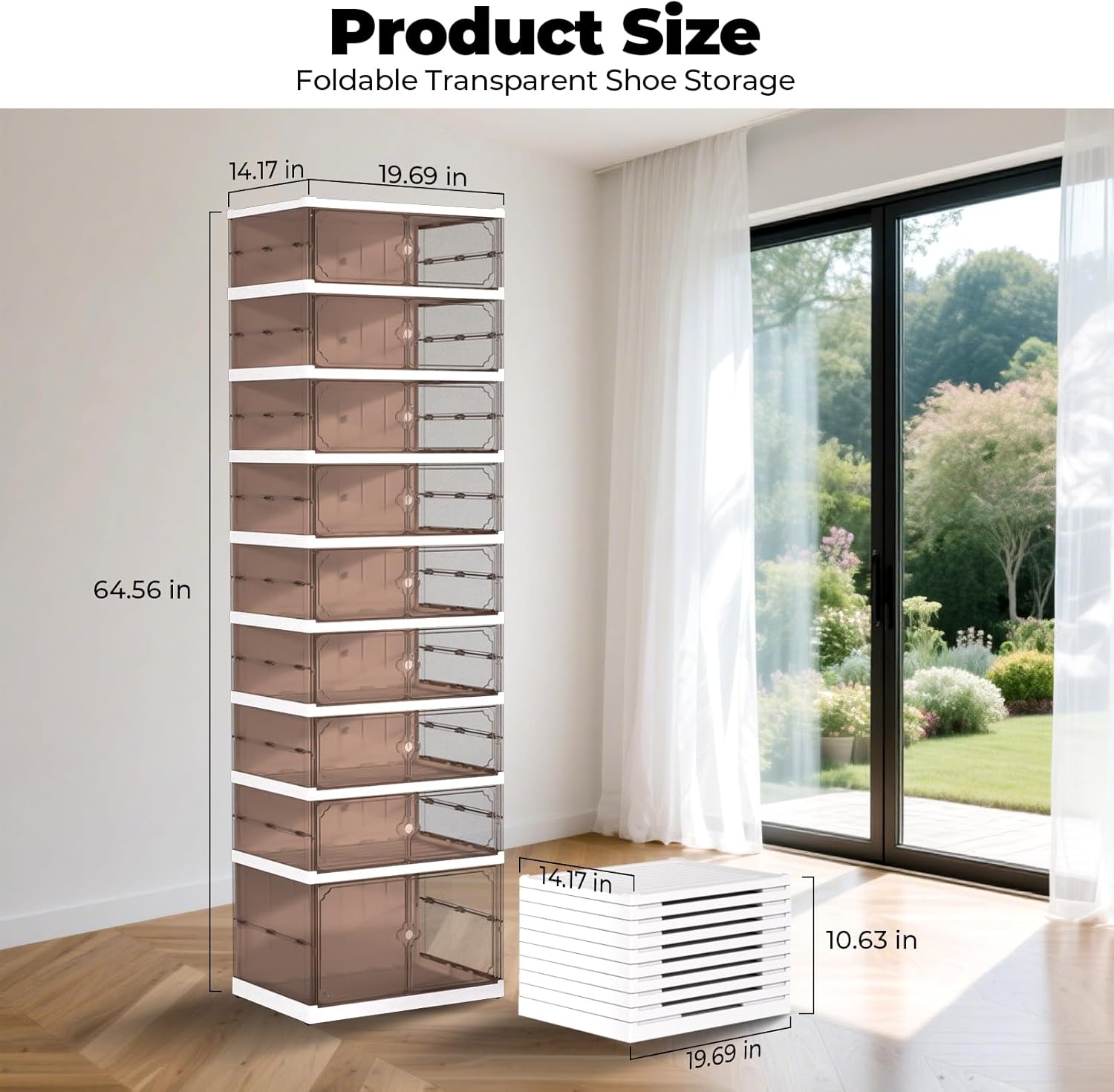 FAHKNS 9 Tier 18 Pairs Foldable Shoe Rack with Wheels, Portable Plastic Shoe Storage Cabinet with Clear Magnetic Doors Space Saving No Assembly for Entryway, Living Room, Closet