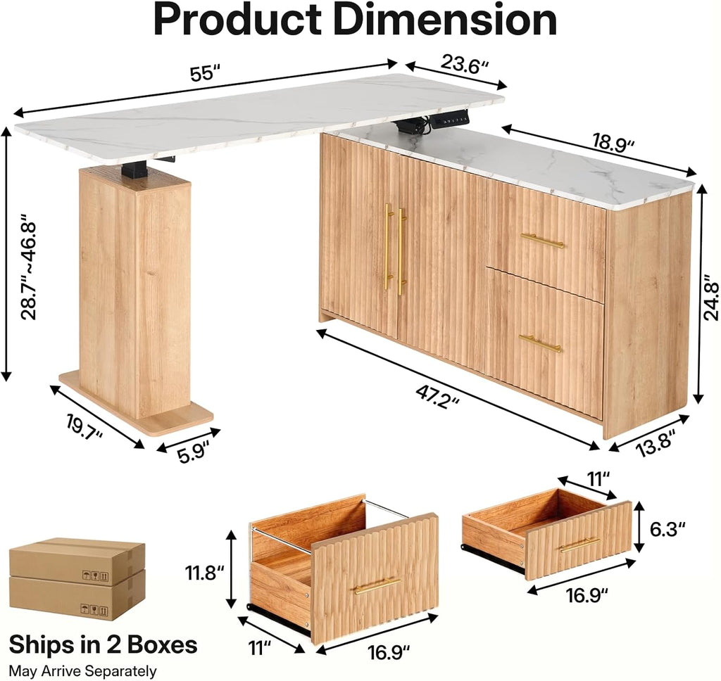 NORTHSKY 55" L Shaped Electric Standing Desk with Drawers and Storage Cabinet, Adjustable Height Corner Desk for Home Office, White Marble-Look Top with Natural Oak Fluted Base