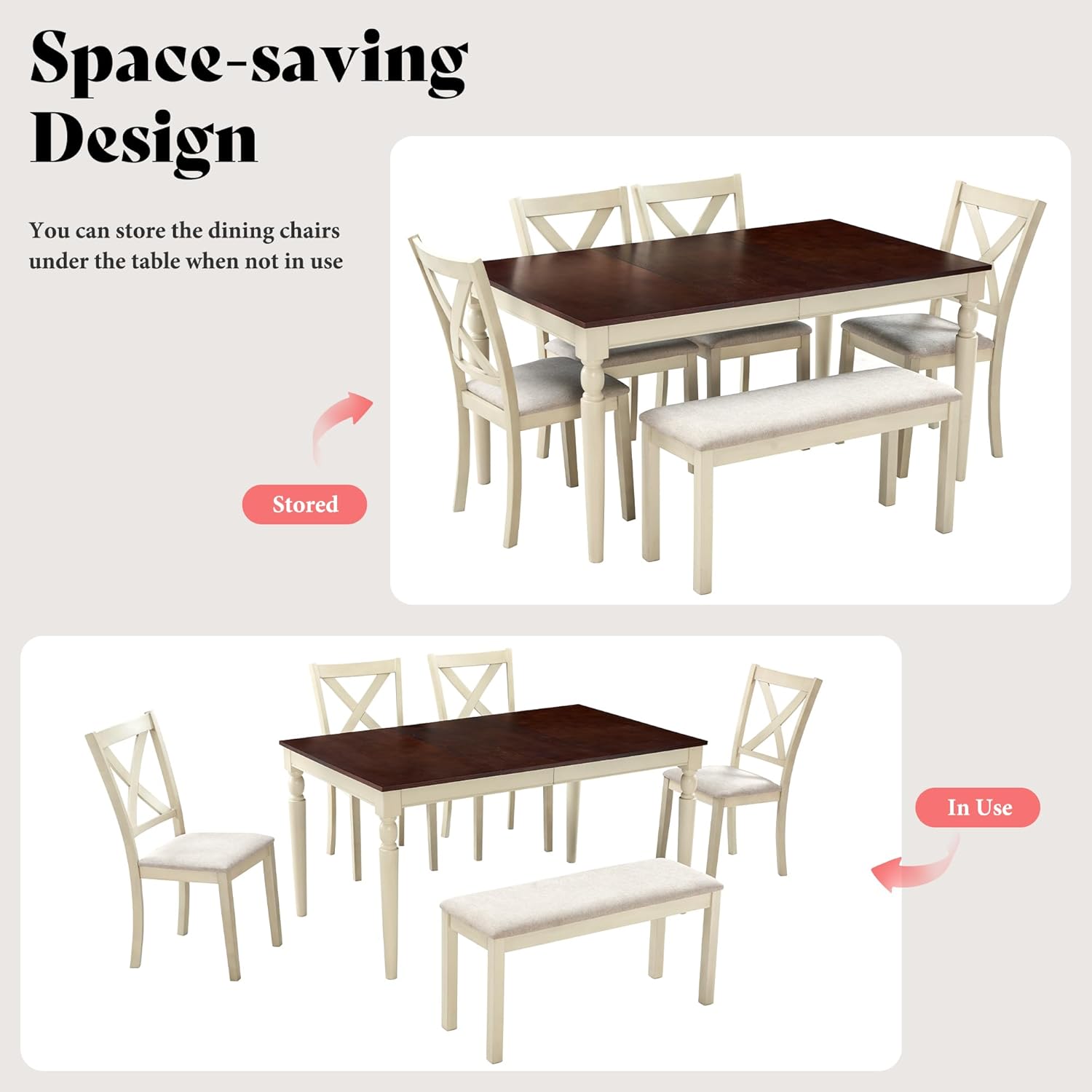 AMERLIFE 6-Piece Farmhouse Dining Table Set for 6-7, 60" Solid Wood Kitchen Table and Chairs, 1 Dining Table, 4 Upholstered Chairs and 1 Bench, Rustic Dining Room Set, Rustic White