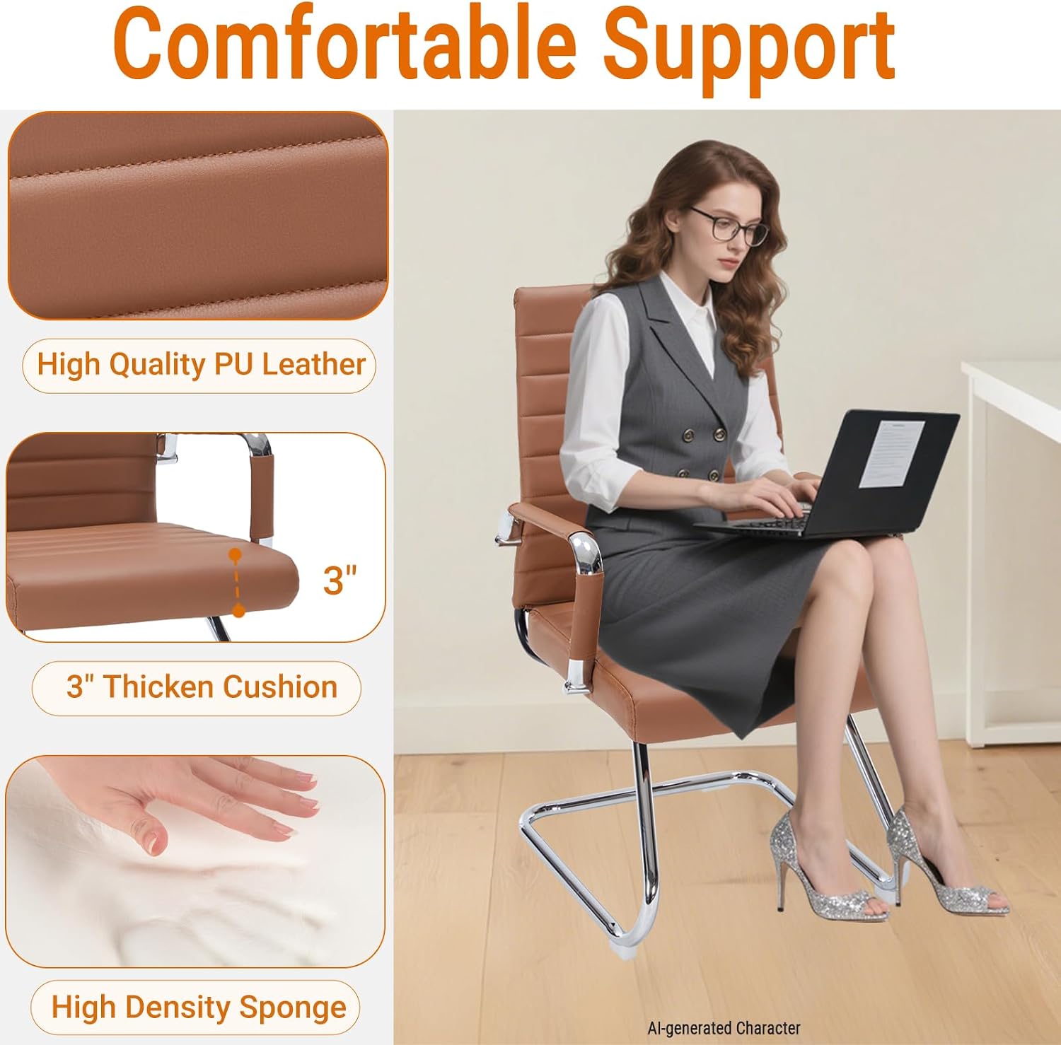 Sidnali Waiting Room Chairs, Office Guest Chair with Sled Base Mid Back for Reception Conference Room, Brown Set of 2