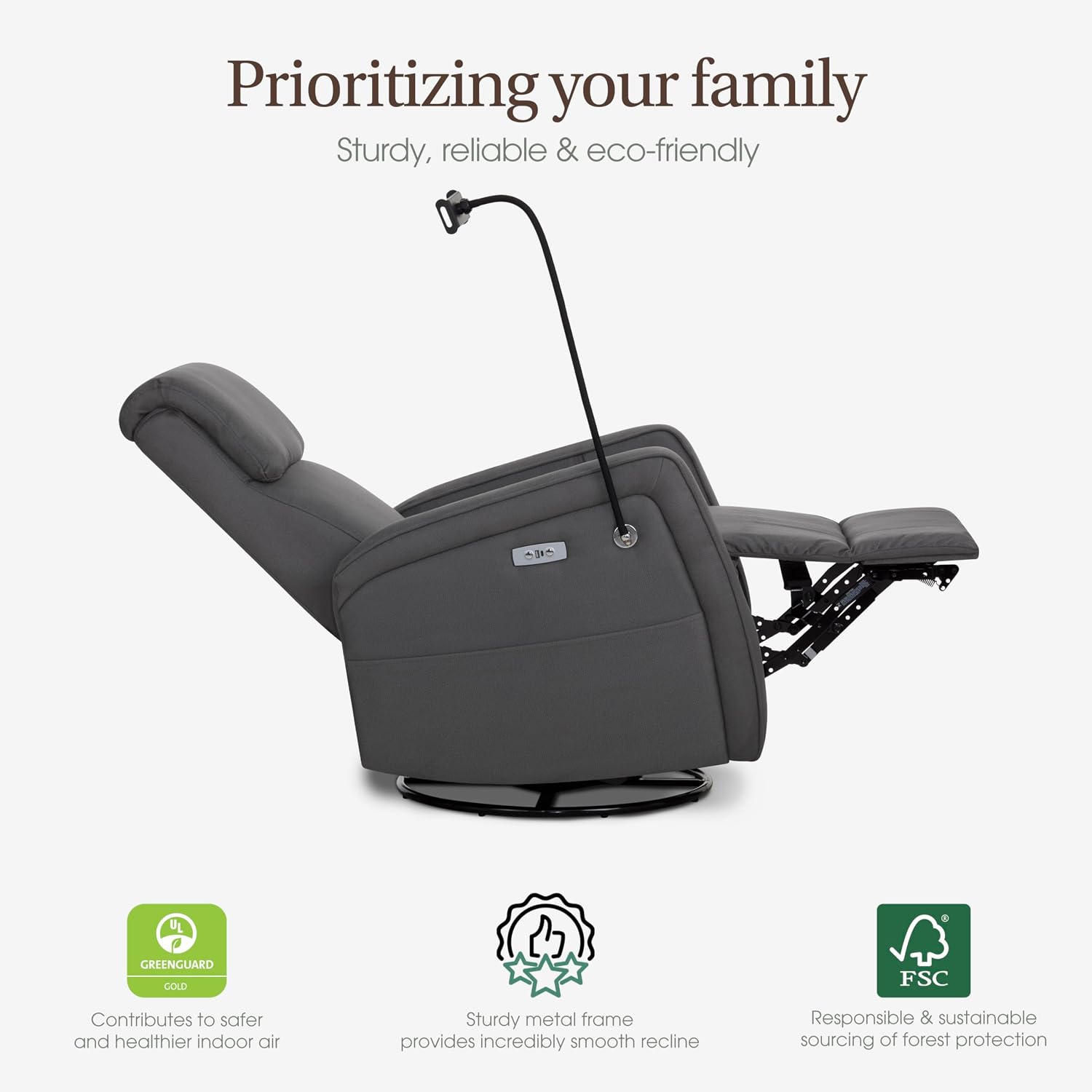 Evolur Maverick Upholstered Power Glider Recliner with Device Holder – Swivel, Rocking & Smooth Power Recline – Greenguard Gold & FSC Certified, Modern Nursery and Living Room Chair in Tempered Grey