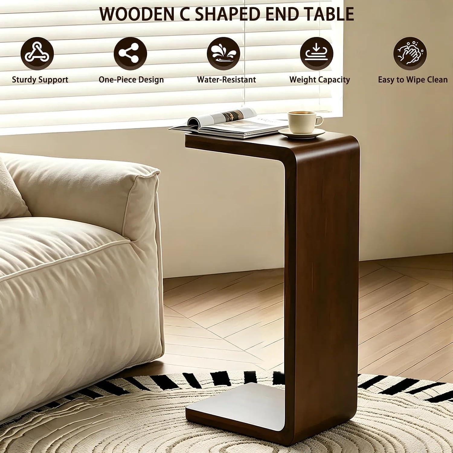 C Shaped End Table, Wooden Sofa Side Table, for Living Room, Bedroom, Office, for Laptop, Coffee, One-Piece Design Saves Space, Walnut