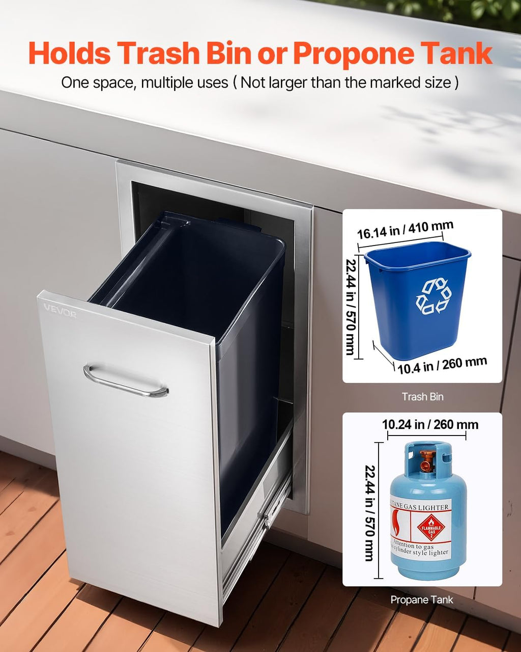 VEVOR Outdoor Kitchen Trash Drawer, 11.81" W x 19.6" D x 23.62" H Interior Storage, Multi-Purpose Outdoor Kitchen Drawers Stainless Steel, 55 lbs Max Capacity per Tier, for Outdoor BBQ Island Kitchen