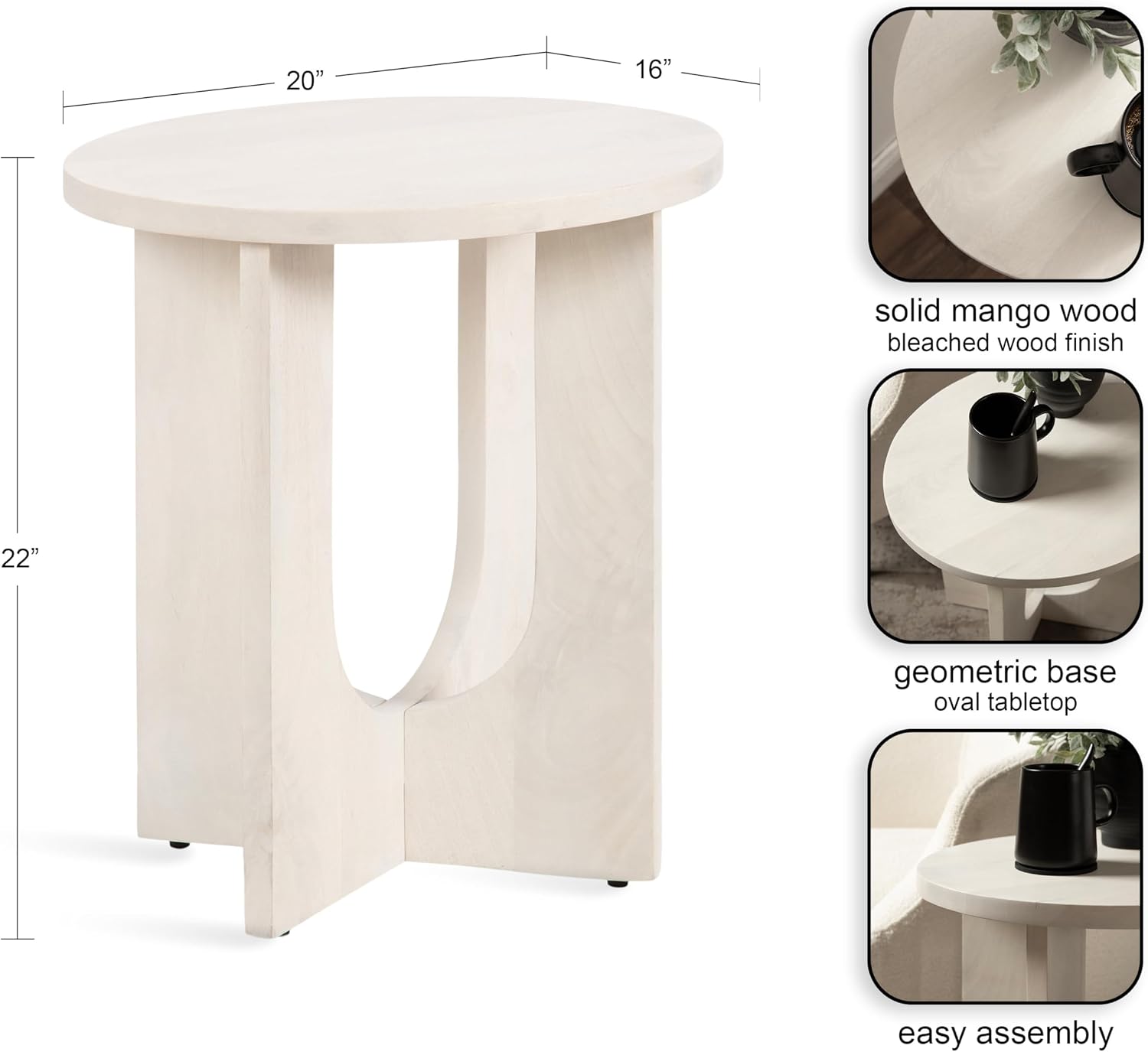Kate and Laurel Sureda Modern Wooden Oval Side Table; 20 x 16 x 22; Bleached Wood; Transitional Wood End Table for Use as Bedroom Nightstand or Living Room Plant Stand Table
