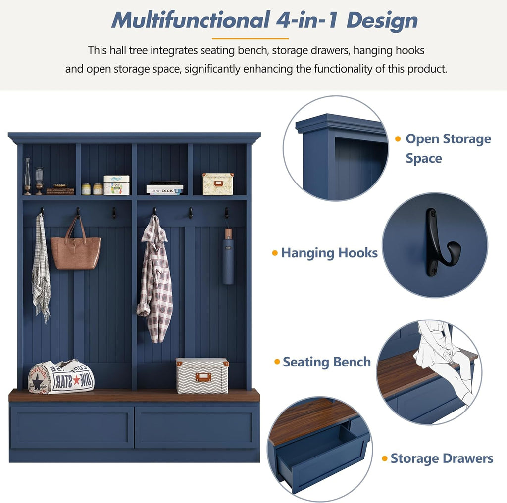 Merax Wood Hall Tree with 6 Hooks & Entryway Bench, Farmhouse Mudroom Versatile Coat Racks with 2 Large Drawers, Entrance Organizer for Hallway, Living Room Blue