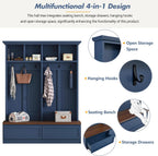 Merax Wood Hall Tree with 6 Hooks & Entryway Bench, Farmhouse Mudroom Versatile Coat Racks with 2 Large Drawers, Entrance Organizer for Hallway, Living Room Blue