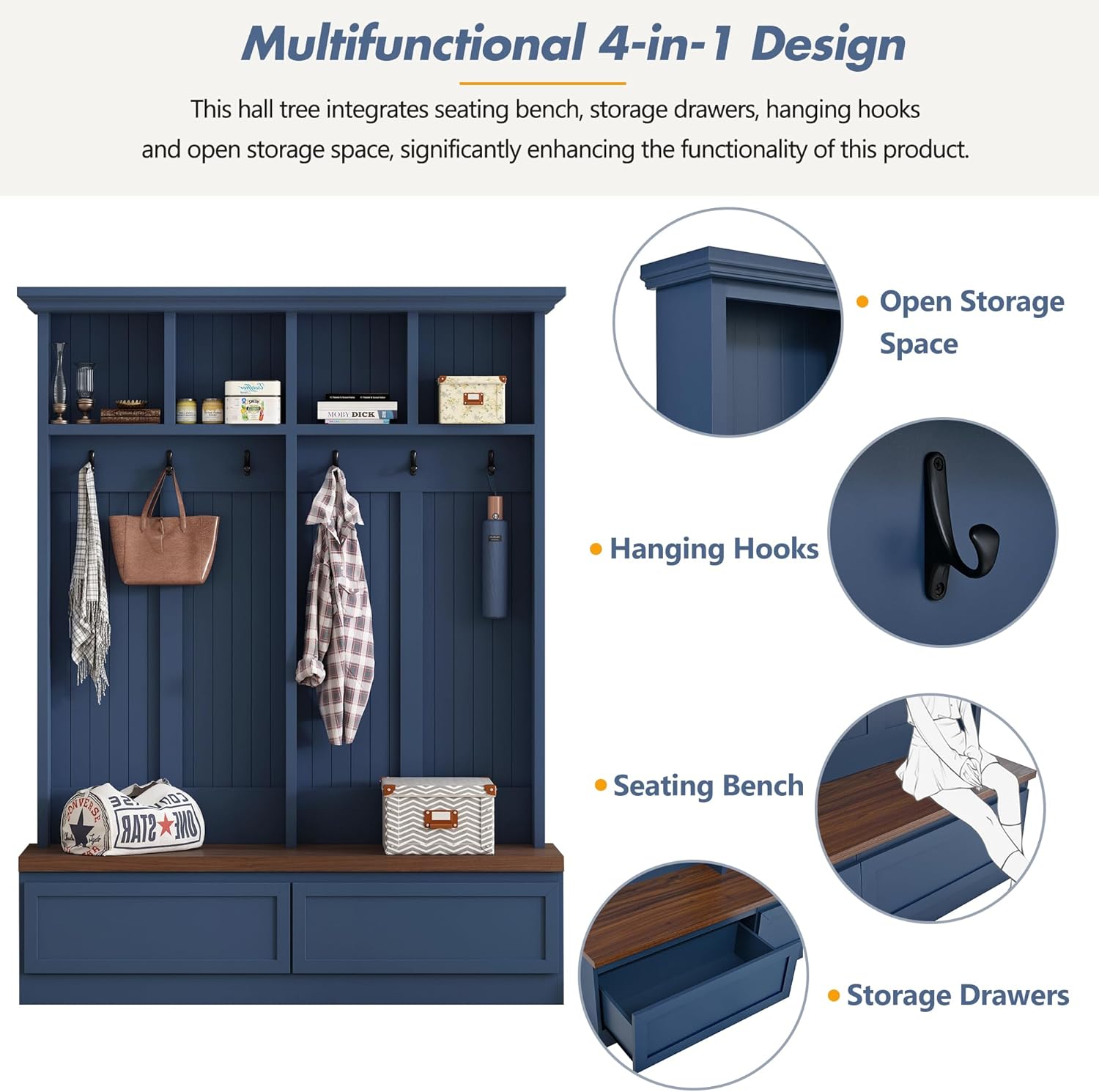 Merax Wood Hall Tree with 6 Hooks & Entryway Bench, Farmhouse Mudroom Versatile Coat Racks with 2 Large Drawers, Entrance Organizer for Hallway, Living Room Blue