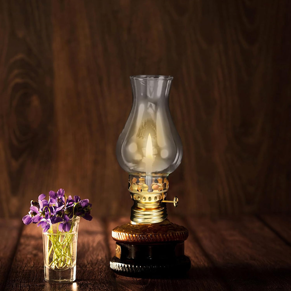 TIDTALEO Vintage Glass Oil Lamp Chimney Replacement with Metal Wick Adjuster, Kerosene Lantern Globe Accessory, Gold Tone, Suitable for Indoor Use and Camping –