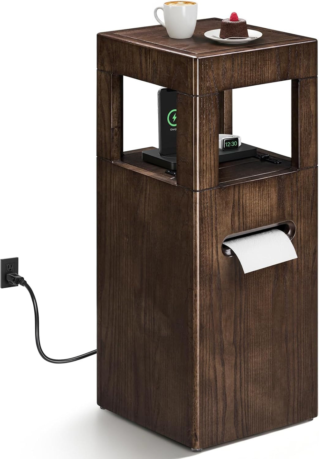 Multi Use Side End Table with Charging Station for Living Room, Solid Wood Small Table with a Hidden Tissue Box for Small Space, Modern Minimalist Nightstand for Bedroom (Walnut)