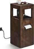 Multi Use Side End Table with Charging Station for Living Room, Solid Wood Small Table with a Hidden Tissue Box for Small Space, Modern Minimalist Nightstand for Bedroom (Walnut)