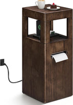 Multi Use Side End Table with Charging Station for Living Room, Solid Wood Small Table with a Hidden Tissue Box for Small Space, Modern Minimalist Nightstand for Bedroom (Walnut)