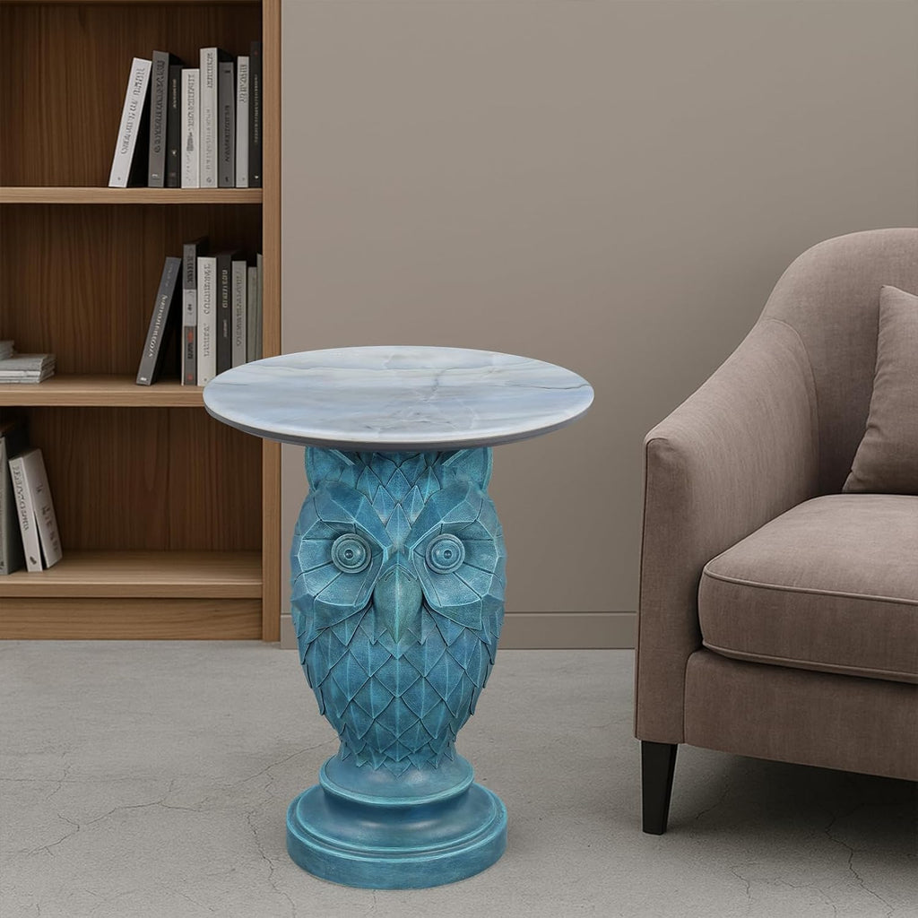 Luxury Owl Side Table, Blue Faux Marble Top Accent End Table, Decorative Animal Sculpture Furniture for Living Room, Bedroom, Entryway Home Decor