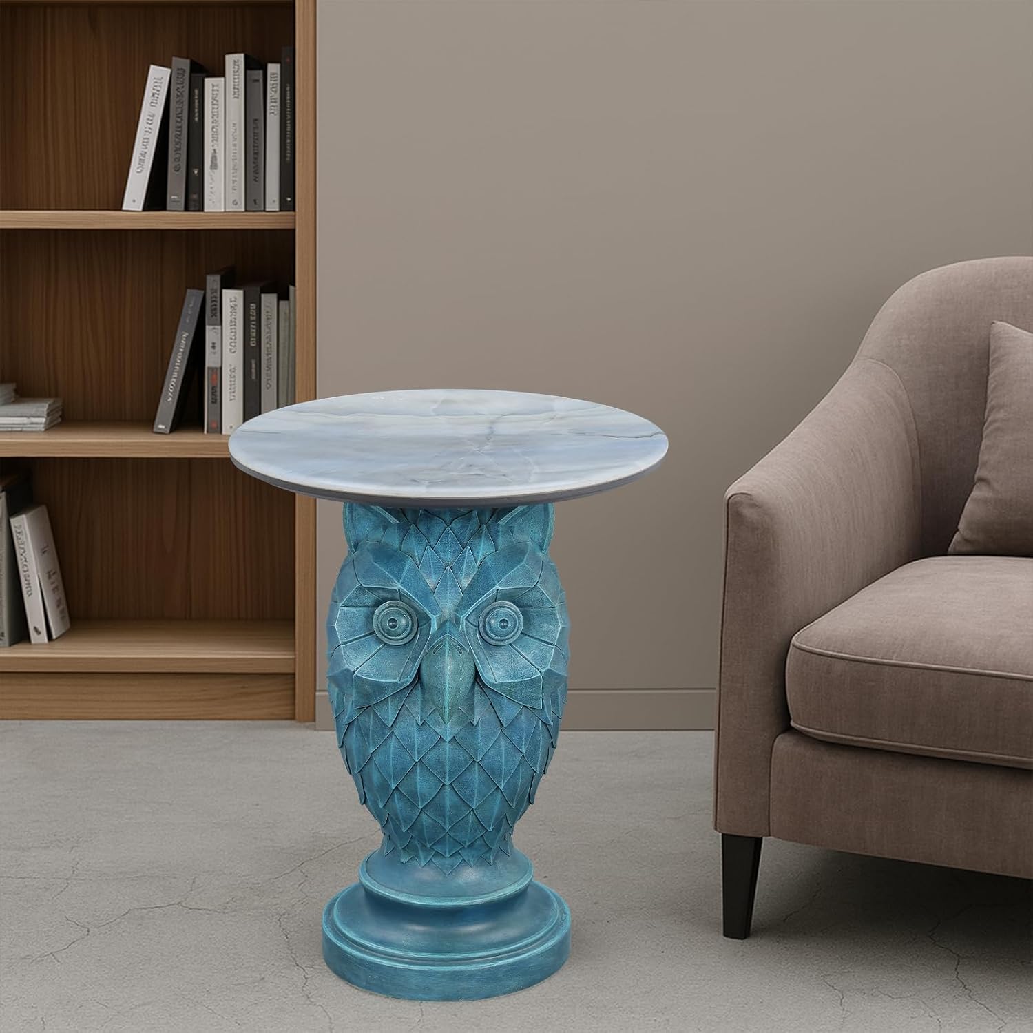 Luxury Owl Side Table, Blue Faux Marble Top Accent End Table, Decorative Animal Sculpture Furniture for Living Room, Bedroom, Entryway Home Decor