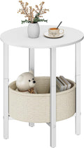 Vagusicc Round Side Table End Table with Storage Basket, Small Side Table Round Nightstand for Small Spaces, Tall Oval End Table with Steel Frame, Coffee Bedside Table for Living Room Bedroom, White