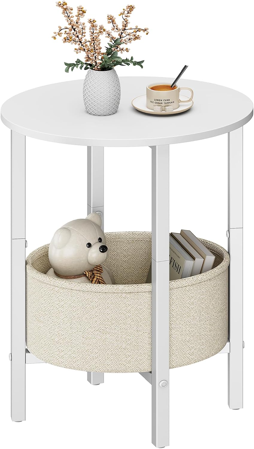 Vagusicc Round Side Table End Table with Storage Basket, Small Side Table Round Nightstand for Small Spaces, Tall Oval End Table with Steel Frame, Coffee Bedside Table for Living Room Bedroom, White