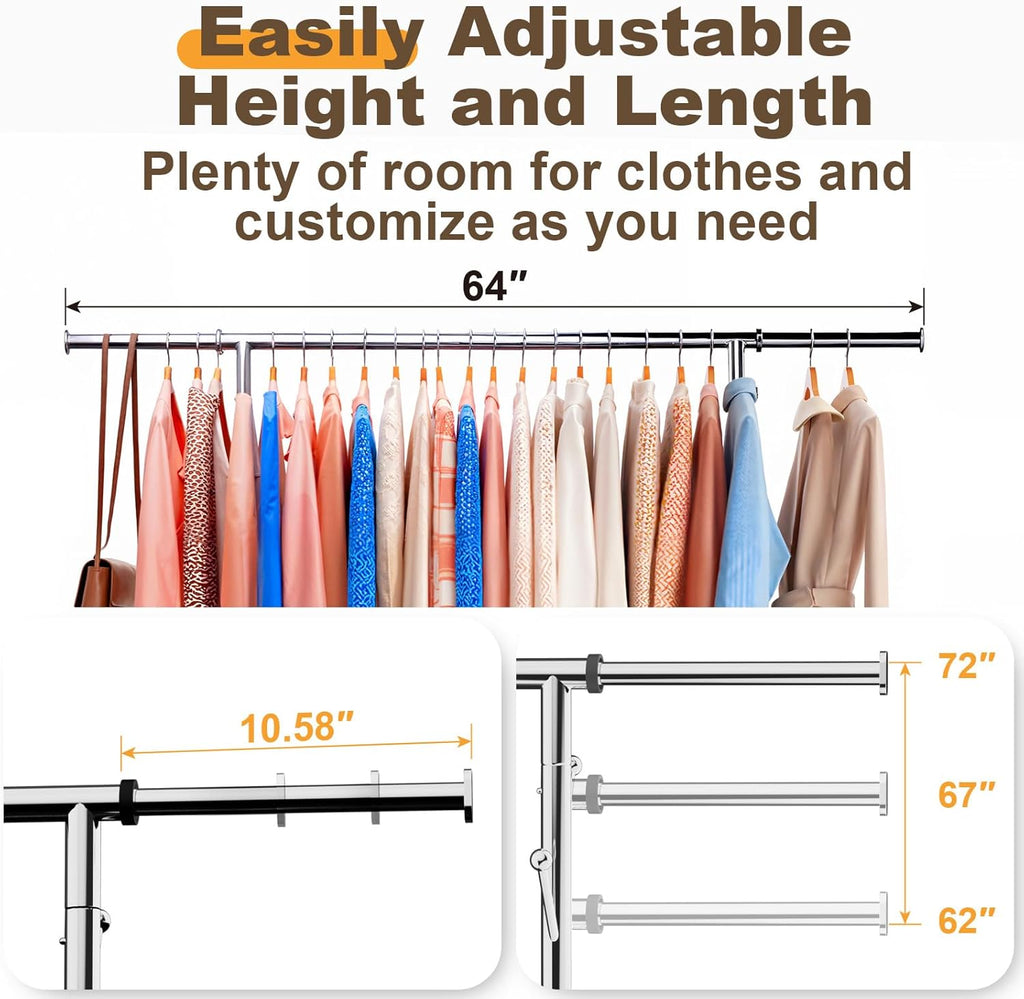 TigerParty Heavy Duty Clothes Rack for Hanging Clothes, Rolling Garment Rack, Adjustable Free Standing Organizer with Wheels, Space-Saving Design for Bedroom Laundry Living Room (Silver)