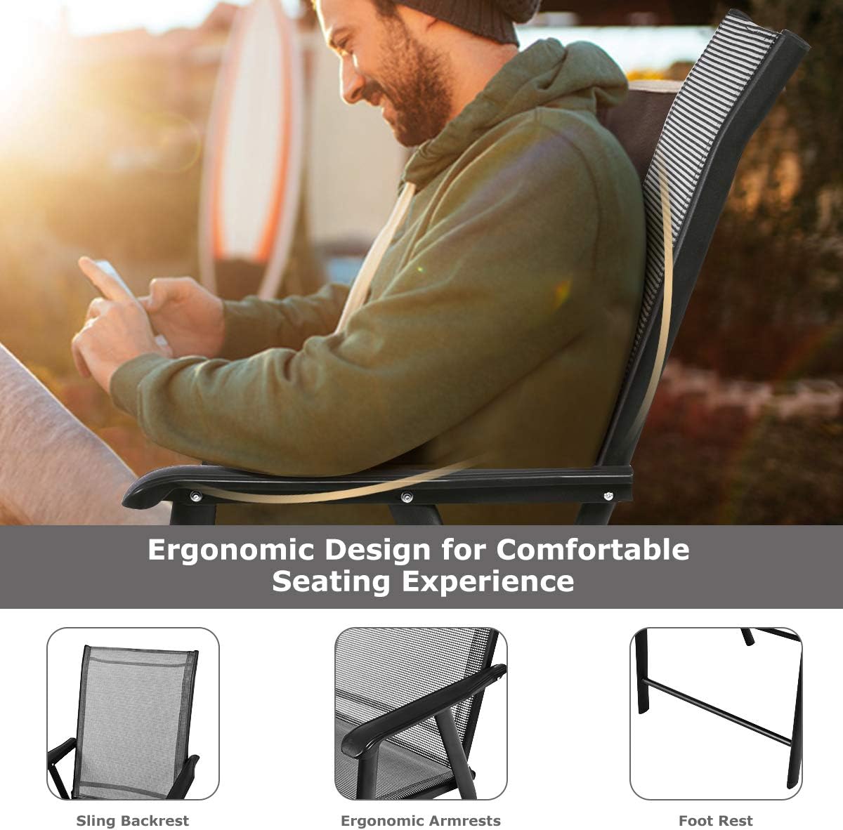 S AFSTAR Patio Chairs Set of 4, Outdoor Folding Dining Chairs with Armrests, Foldable Porch Chairs for Lawn Deck Backyard, Folding Chairs for Adults (Gray)