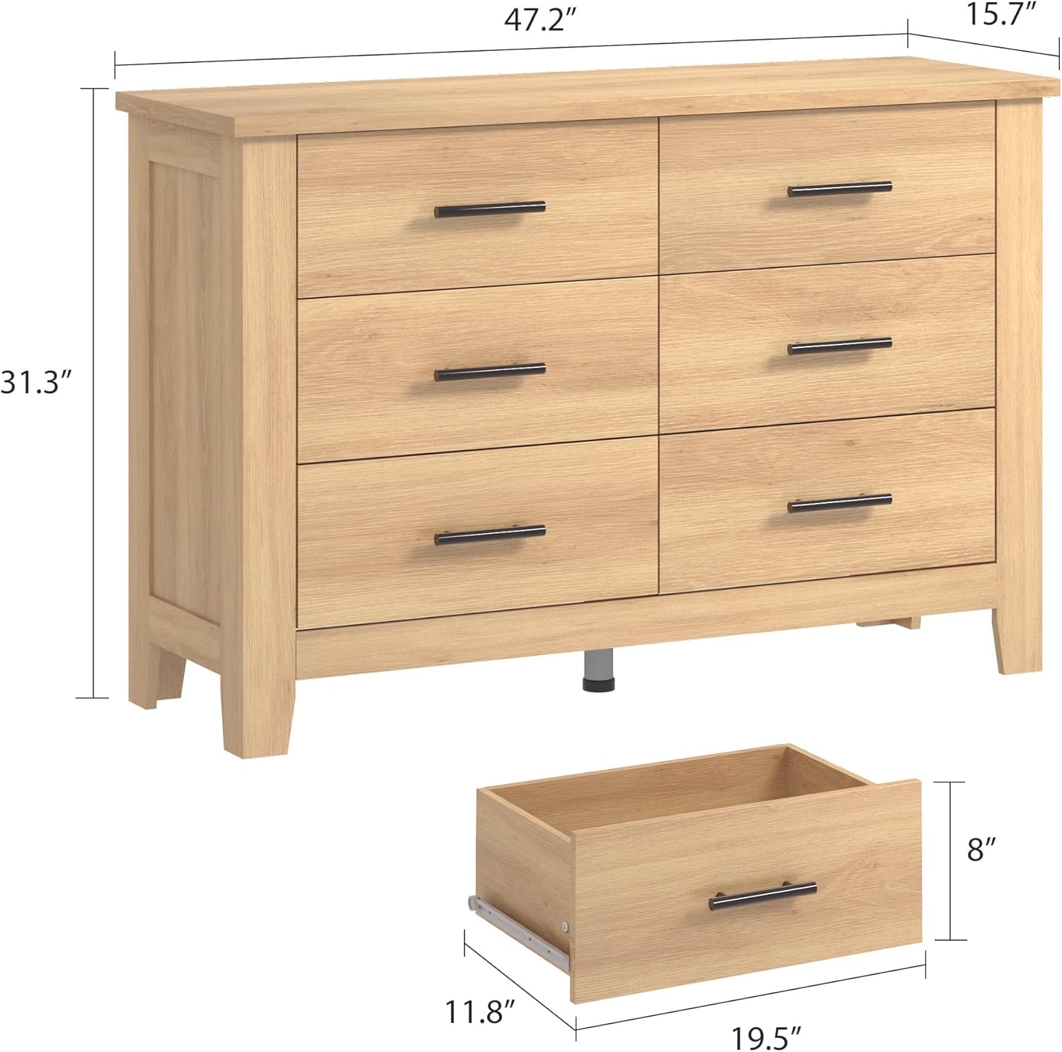 GarveeHome 6 Drawer Dresser for Bedroom, 47 Inch Wide Wood Chest of Drawers, Large Storage Organizer with Deep Drawers & Stable Legs, Modern Farmhouse Dresser for Living Room, Entryway, Natural
