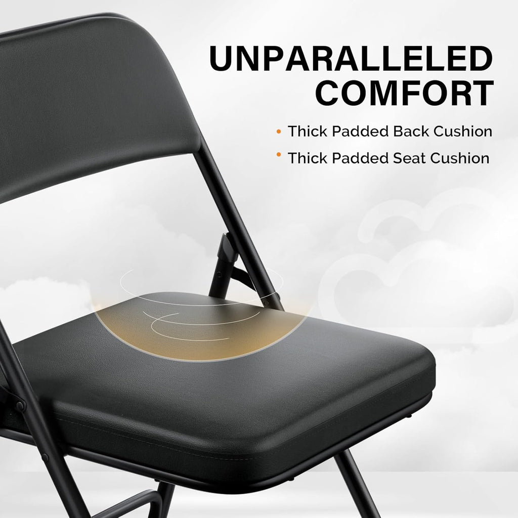 VINGLI Padded Folding Chairs with Thick Seat Cushion, Portable, Durable & Extra Comfortable Foldable Chairs for Indoor & Outdoor Events, Banquet, Party, Dinning, Work, Craft, PU, Black, 1 Pack