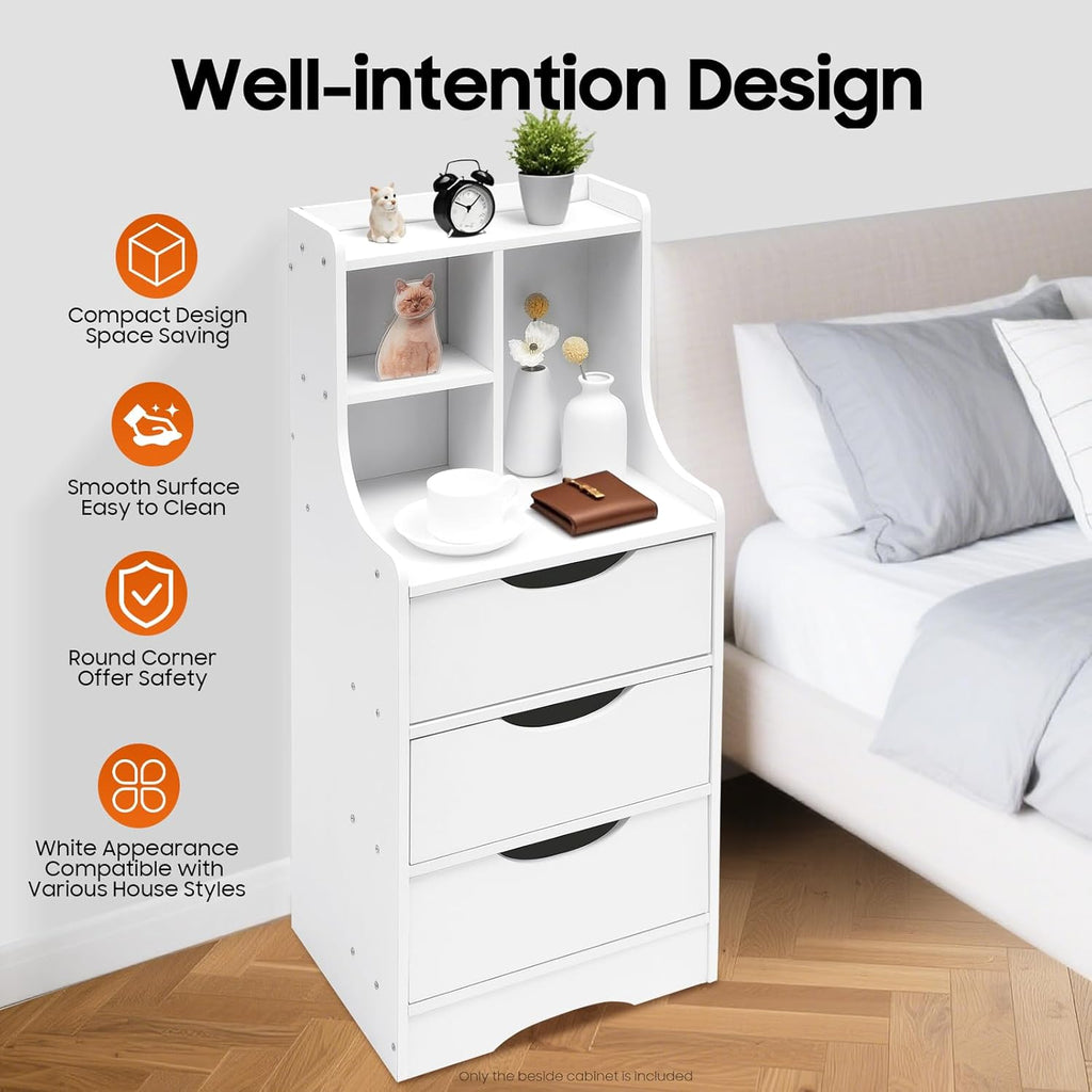 Nightstand White Bedside Table with 3 Drawers & 3 Open Bookshelf End Table Modern End Side Table Storage Cabinet for Living Room, Bedroom, Study Room, 14.56L*11.81W*33.46H inch