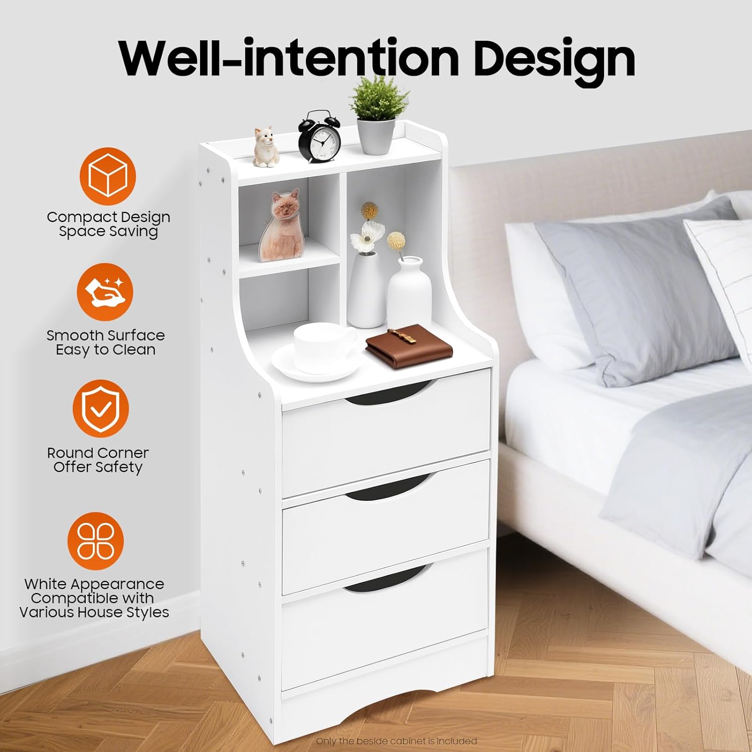 Nightstand White Bedside Table with 3 Drawers & 3 Open Bookshelf End Table Modern End Side Table Storage Cabinet for Living Room, Bedroom, Study Room, 14.56L*11.81W*33.46H inch