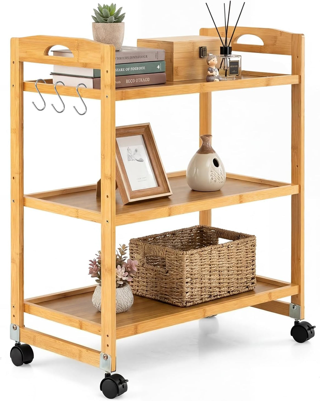 Giantex 3-Tier Rolling Storage Cart, Bamboo Utility Cart w/ 3 Side Hooks & Adjustable Shelves, Multifunctional Kitchen Cart on 2 Lockable Wheels for Living Dining Room, Laundry, Bathroom, Office Art