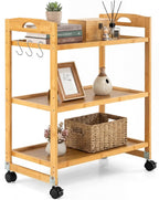 Giantex 3-Tier Rolling Storage Cart, Bamboo Utility Cart w/ 3 Side Hooks & Adjustable Shelves, Multifunctional Kitchen Cart on 2 Lockable Wheels for Living Dining Room, Laundry, Bathroom, Office Art