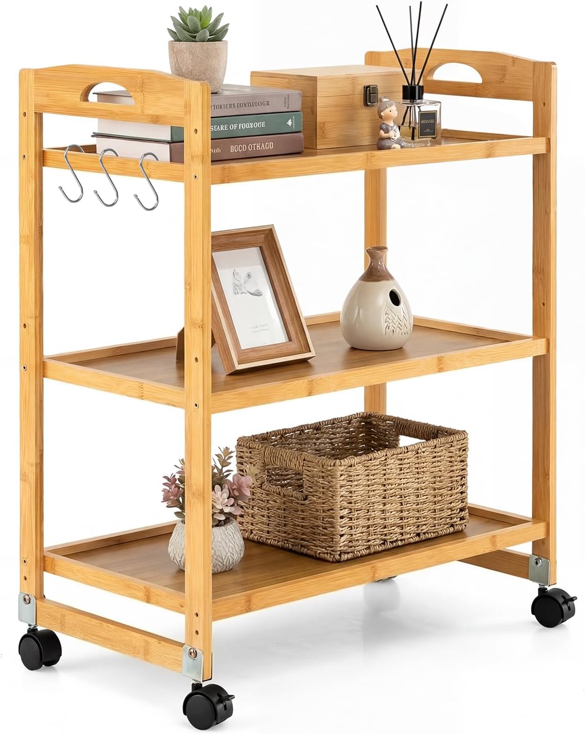 Giantex 3-Tier Rolling Storage Cart, Bamboo Utility Cart w/ 3 Side Hooks & Adjustable Shelves, Multifunctional Kitchen Cart on 2 Lockable Wheels for Living Dining Room, Laundry, Bathroom, Office Art