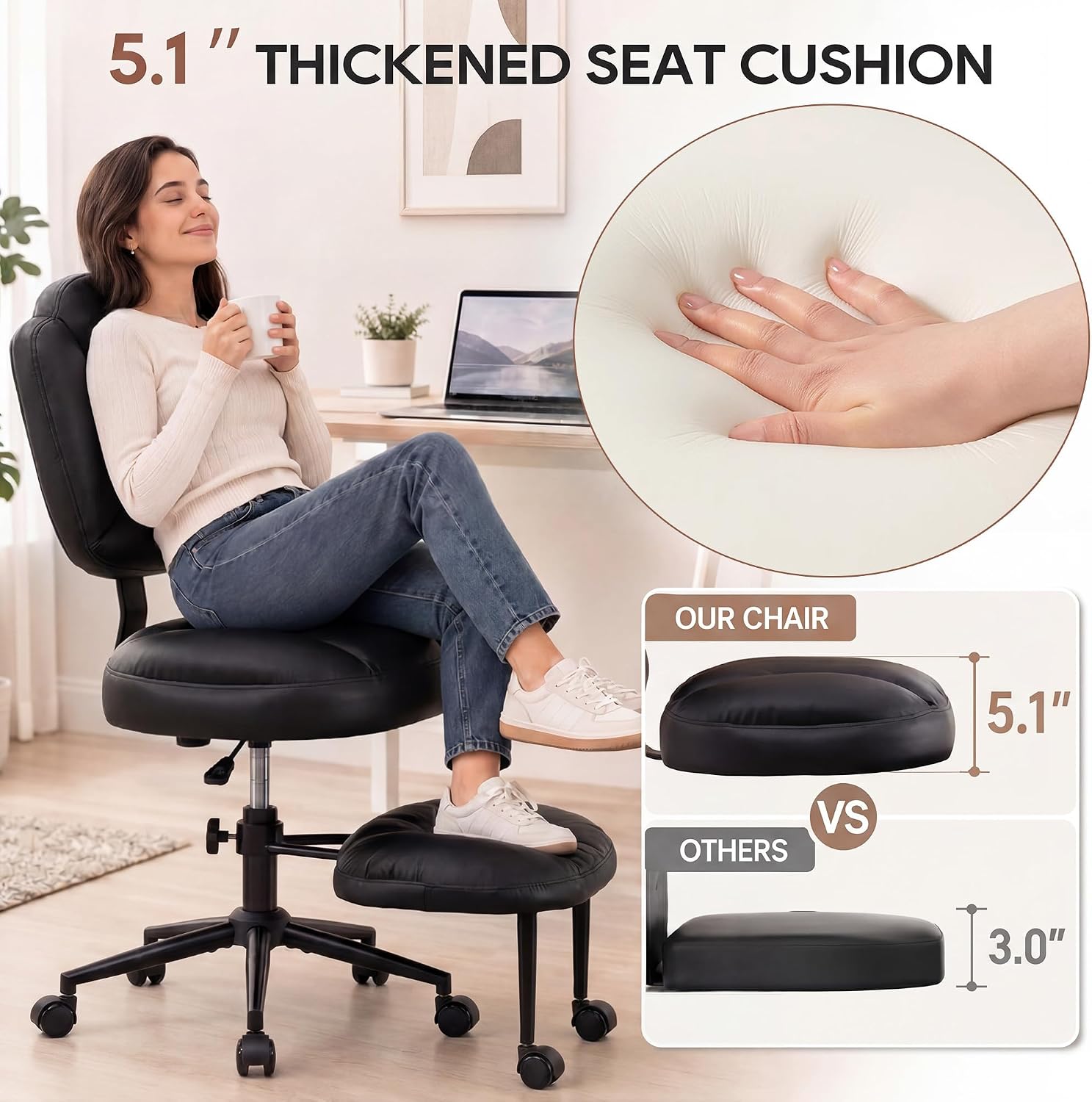 IPKIG Ergonomic Cross Legged Office Chair with Wheels, 360° Swivel Criss Cross Chair with Adjustable Footrest and Backrest for ADHD, Meditation, Yoga, PU Leather, Black