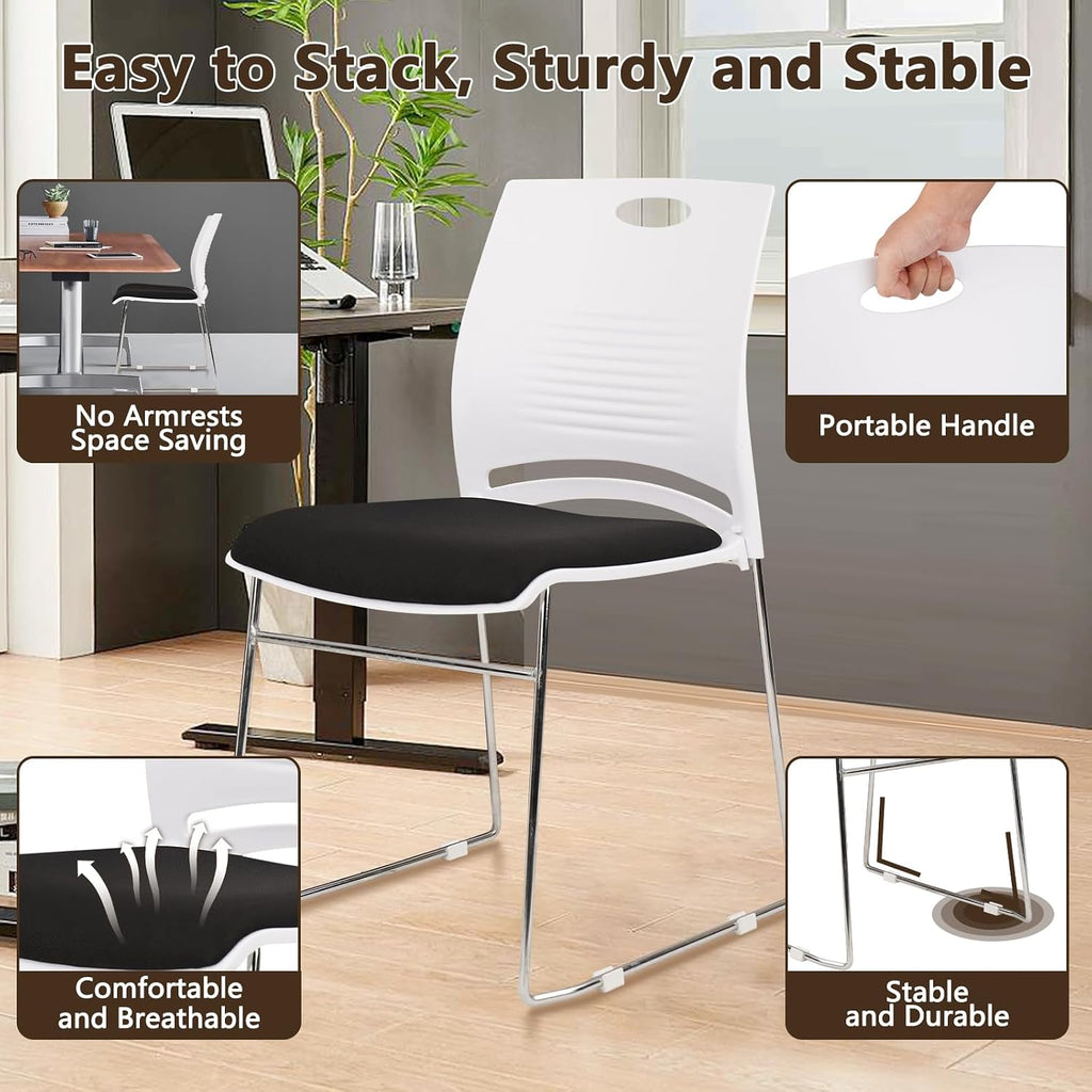 CLATINA Stacking Home Office Guest Chair, Reception Stackable Chairs with Metal Sled Base, Conference Lobby Waiting Training School Kitchen Banquet Chair, Plastic Desk Chairs No Wheels, White, 8 Pack