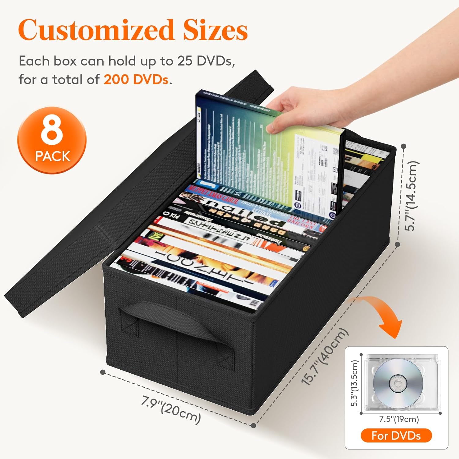 Lifewit DVD Storage Box, Stackable DVD Case Holder Organizer, Foldable DVDs Container with Lid, Handles, Media Organizer Bin 15.7" L x 7.9" W x 5.7" H Holds up to 200 PCS DVDs (25 Each), 8 Pack