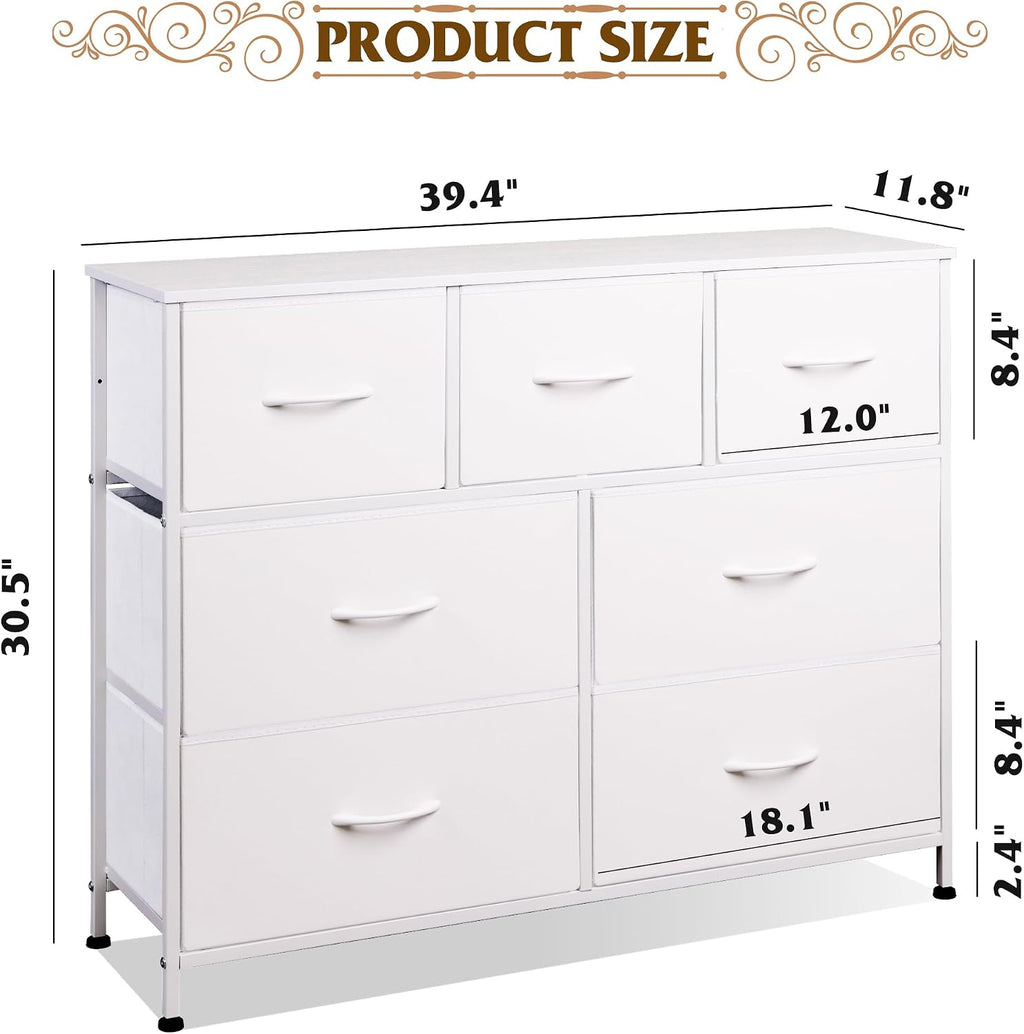 WLIVE 7 Drawer Dresser TV Stand, Dressers for Bedroom, Fabric Storage Tower, Hallway, Entryway, Closets, Sturdy Steel Frame, Wood Top, Easy Pull Handle, White