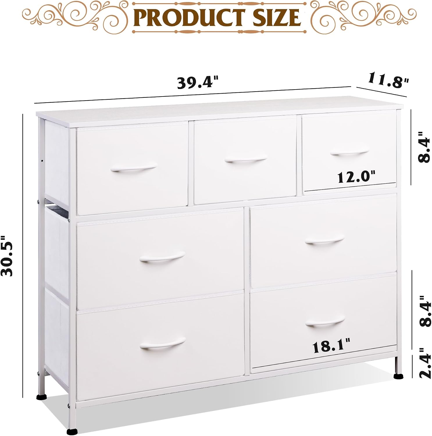 WLIVE 7 Drawer Dresser TV Stand, Dressers for Bedroom, Fabric Storage Tower, Hallway, Entryway, Closets, Sturdy Steel Frame, Wood Top, Easy Pull Handle, White