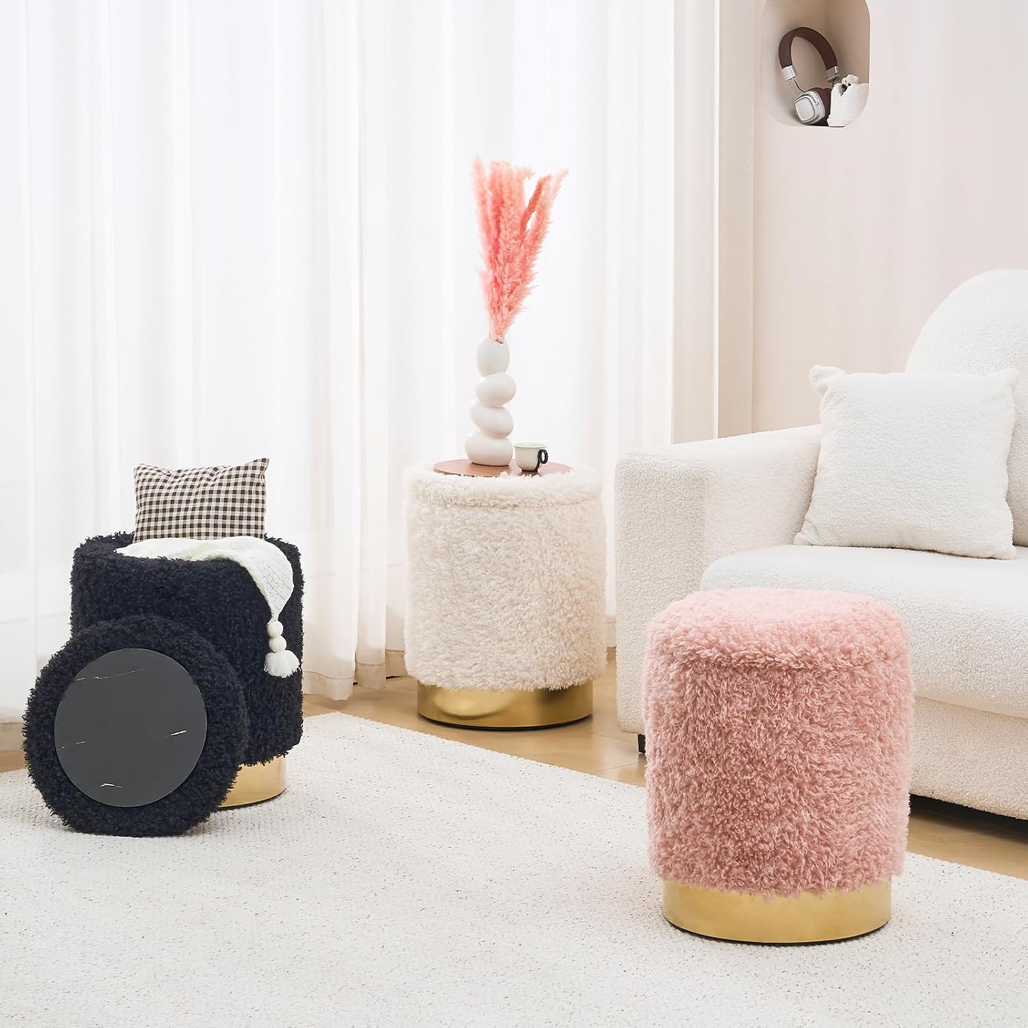 Storage Ottoman,Metal Base Vanity Stool Chair,Modern Round Footstool with Soft Padded Seat,Multipurpose Sofa Table or Plant Stand for Hallway,Living Room and Lounge (Black-Long Wool)